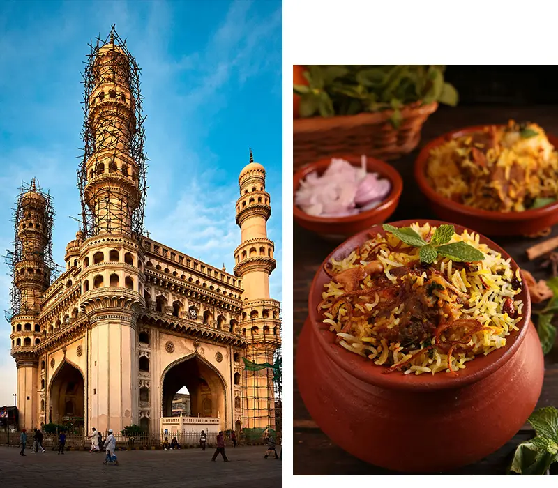 The Charminar in Hyderabad at golden hour, beside a clay handi of dum biryani topped with fried onion and mint